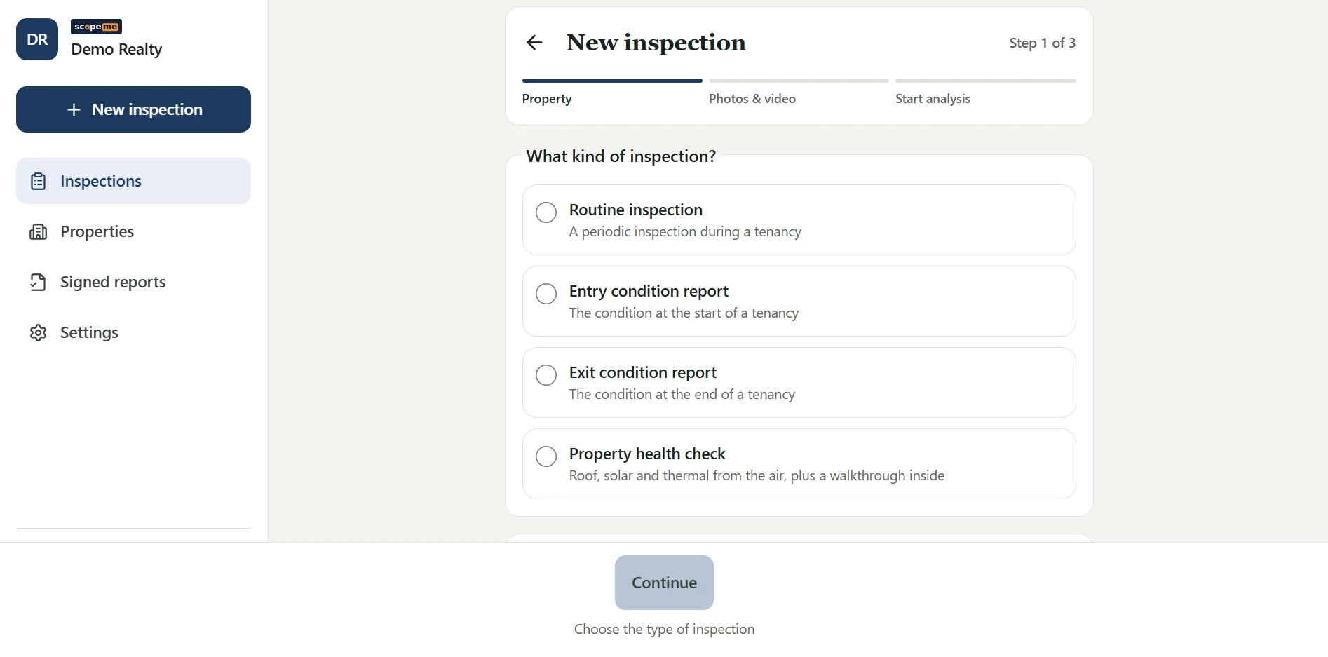 Scopeme new inspection screen: choose Routine, Entry condition, Exit condition or Property health check