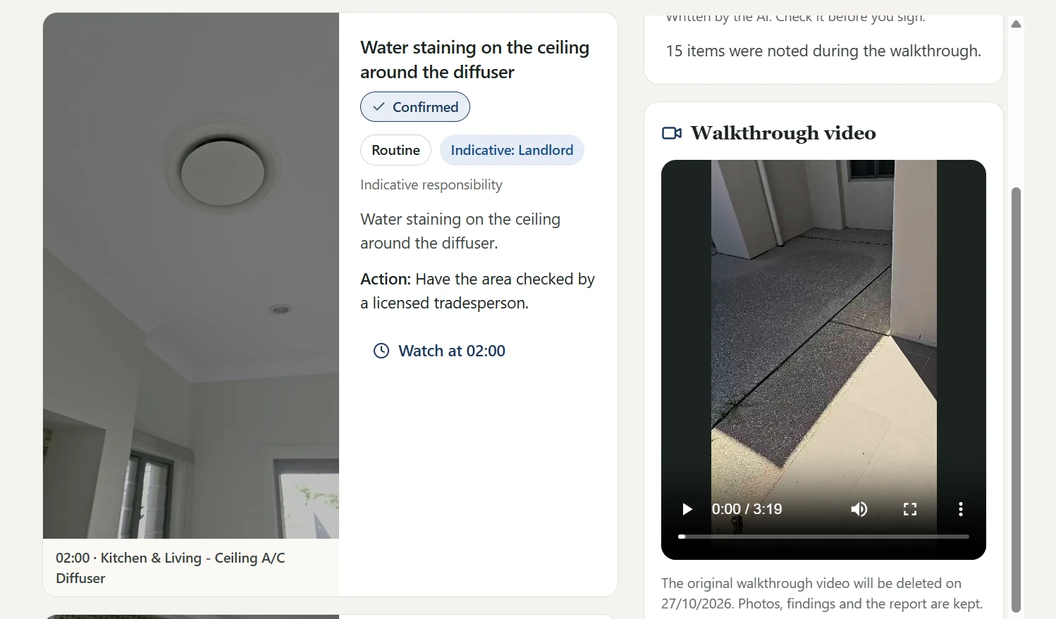 Scopeme review screen: a confirmed finding, water staining on the ceiling around an air-conditioning diffuser, with its photo, a plain-English description, a suggested action and a link to watch that moment in the video.