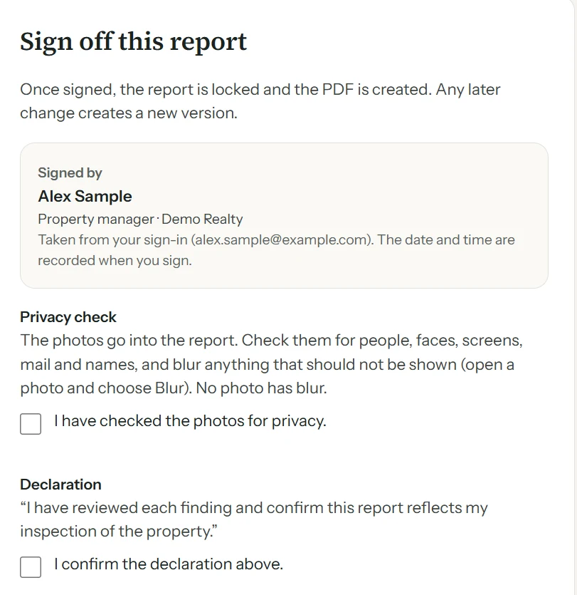 Scopeme sign-off screen: signed by your name from your sign-in, a privacy check tick for the photos, and a declaration you confirm before signing